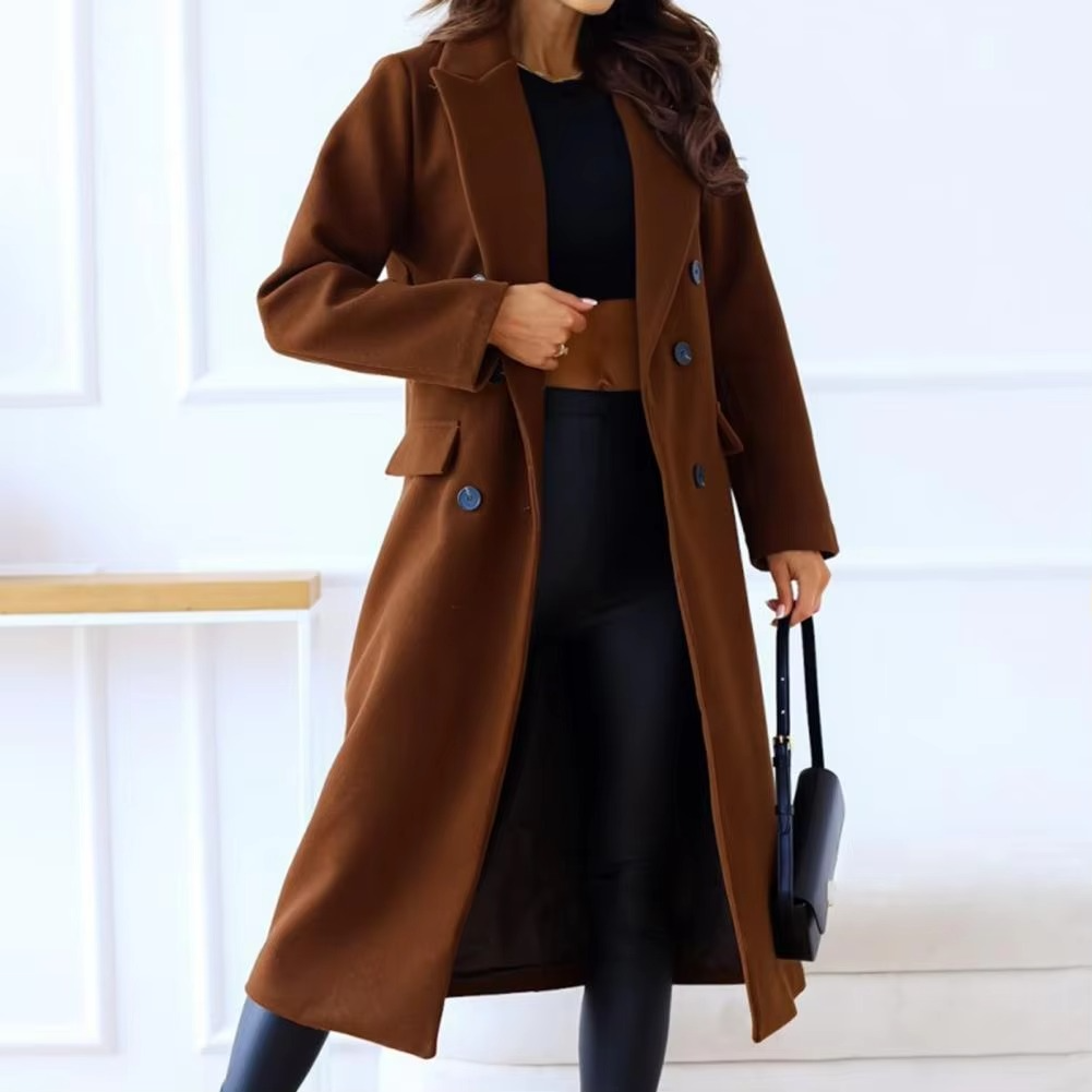 Women's double breasted mid-length winter coat with lapel, long sleeves, polyester blend classic fit