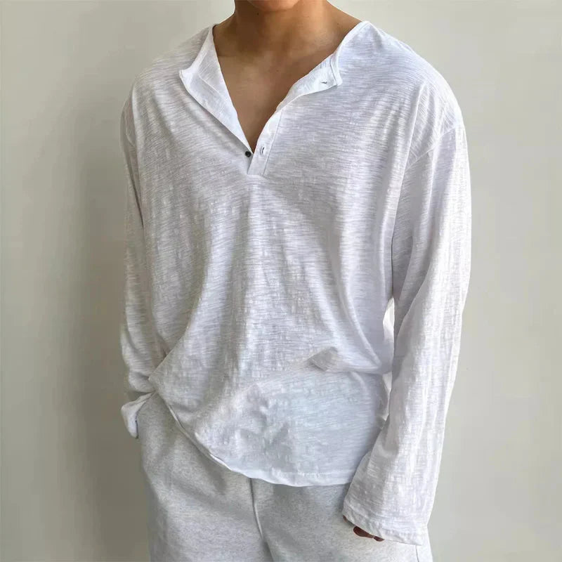 Men's relaxed fit open collar linen-texture cotton shirt breathable textured weave casual style