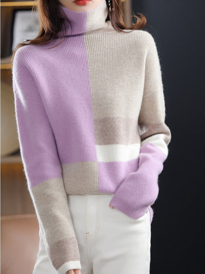 Women's patterned turtleneck sweater, luxurious soft knit relaxed fit cozy layering piece