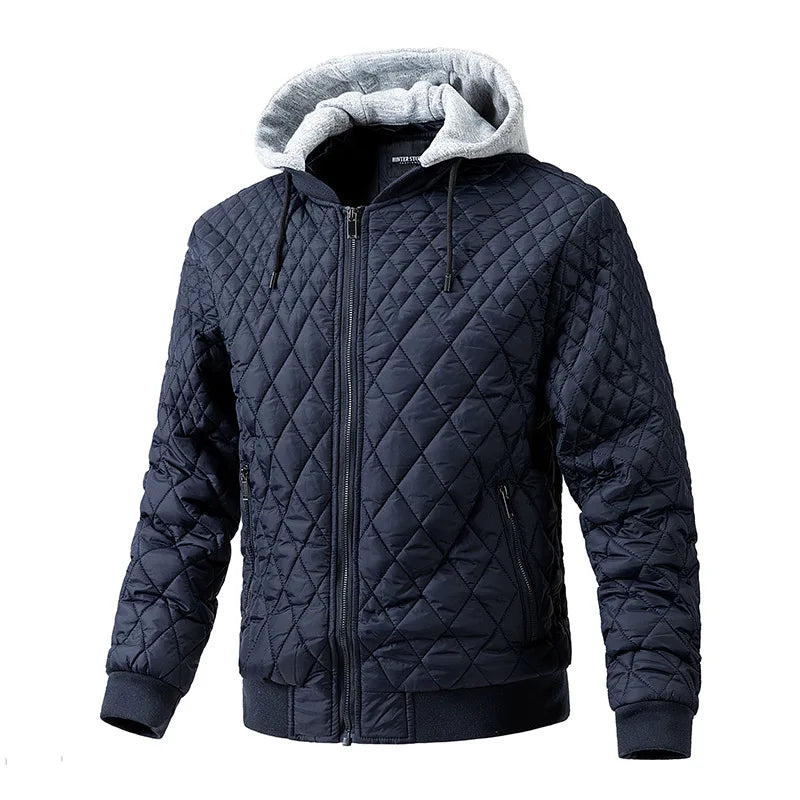 Men's quilted hooded bomber jacket regular fit full zip with ribbed cuffs winter layer