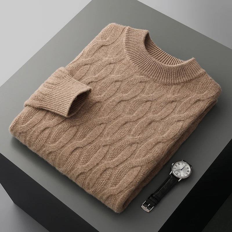 Men's beige cable knit mock neck sweater regular fit with intricate textured pattern