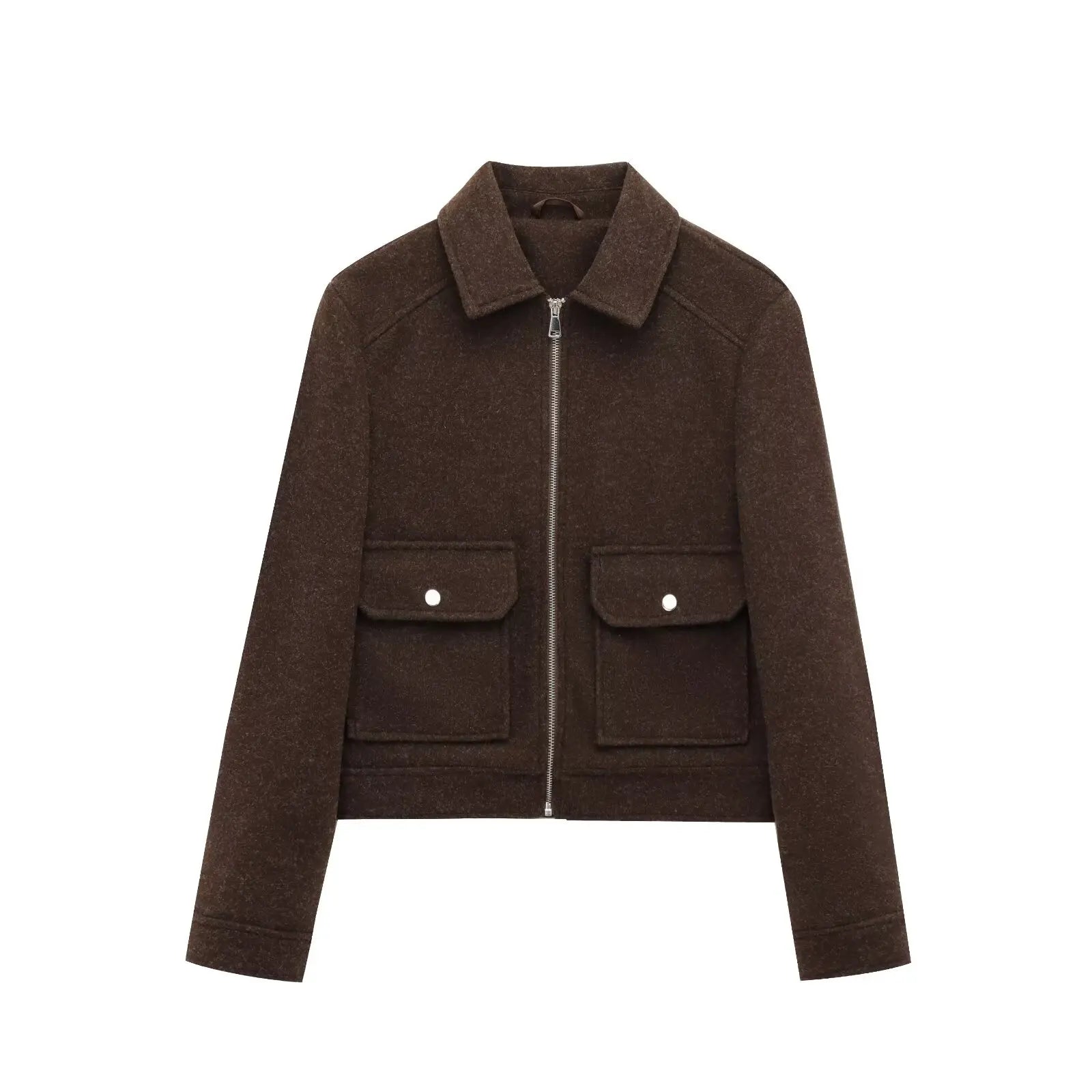 Women's cropped bomber jacket black lapel collar zip front flap pockets sleek casual outerwear