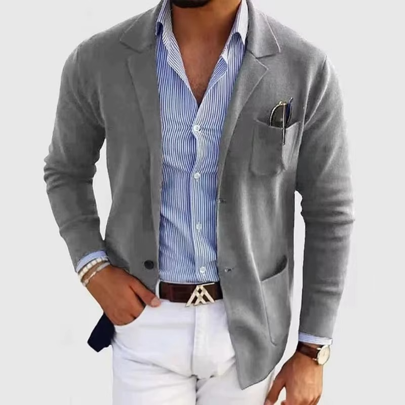 Men's gray knitted cardigan coat turn-down collar multi-pocket minimalist longline silhouette
