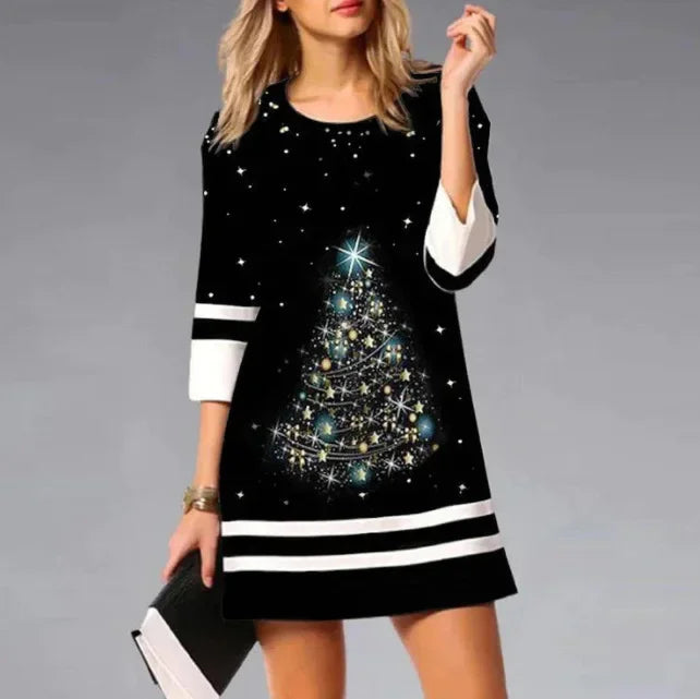 Women's winter mini dress long sleeve warm shimmering deer motif festive cozy style
