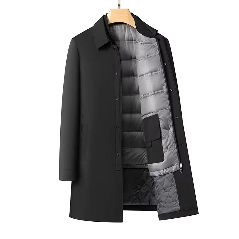 Men's mid-length black down jacket with plush lining, detachable inner layer, sleek commuter silhouette