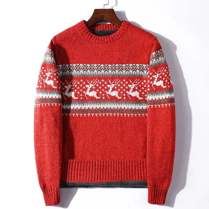 Men's Nordic winter sweater with reindeer motif, soft knit, ribbed trims, classic cozy style