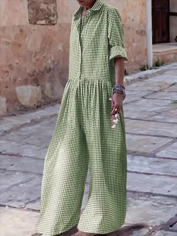 Plaid wide leg women's jumpsuit with lapel collar, relaxed fit, classic checkered pattern