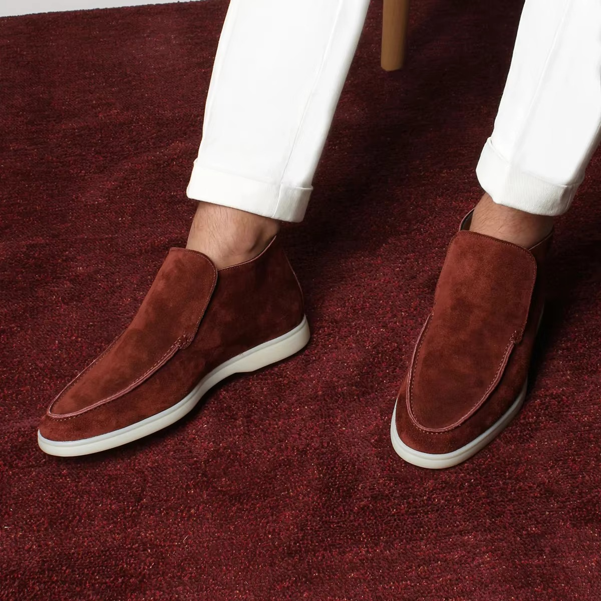 Men's brown suede leather slip-on loafers with flexible rubber sole, classic moccasin driving style