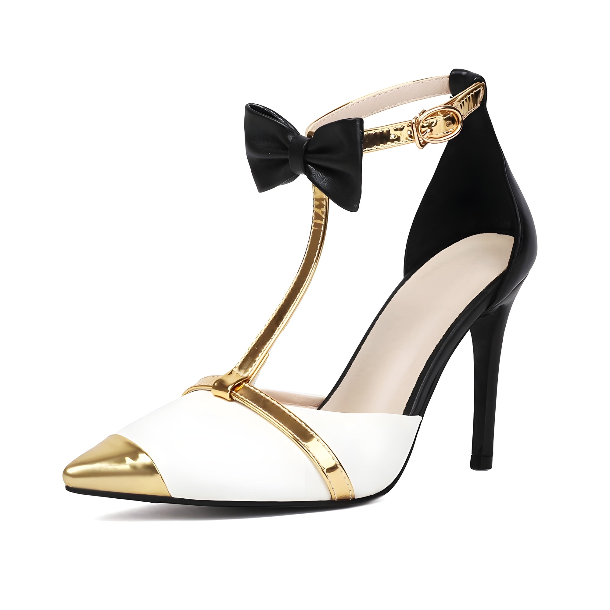 Black vegan leather pointed toe stilettos with gold accents and dainty bow ankle strap for partywear