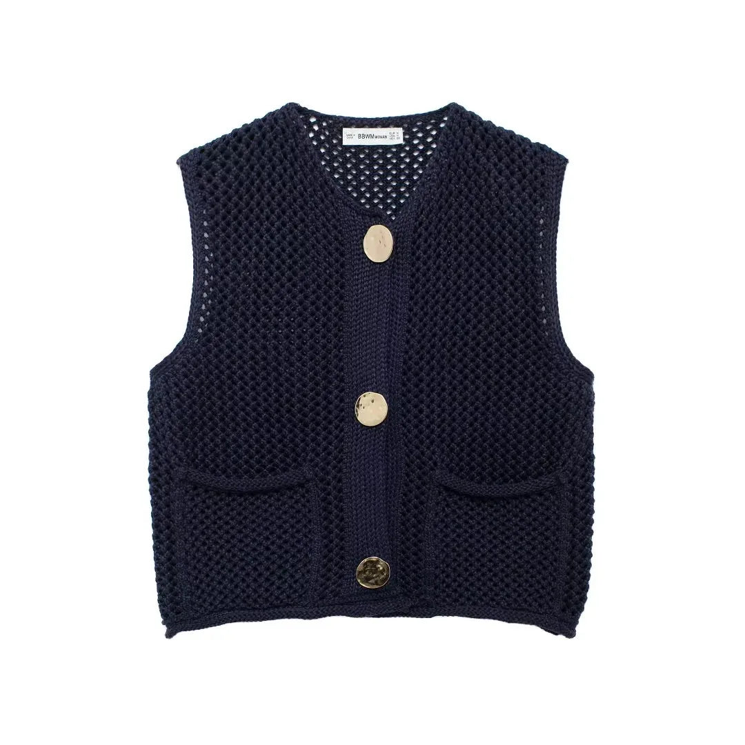 Vess knitted vest open-knit texture oversized buttons functional pockets everyday layering style