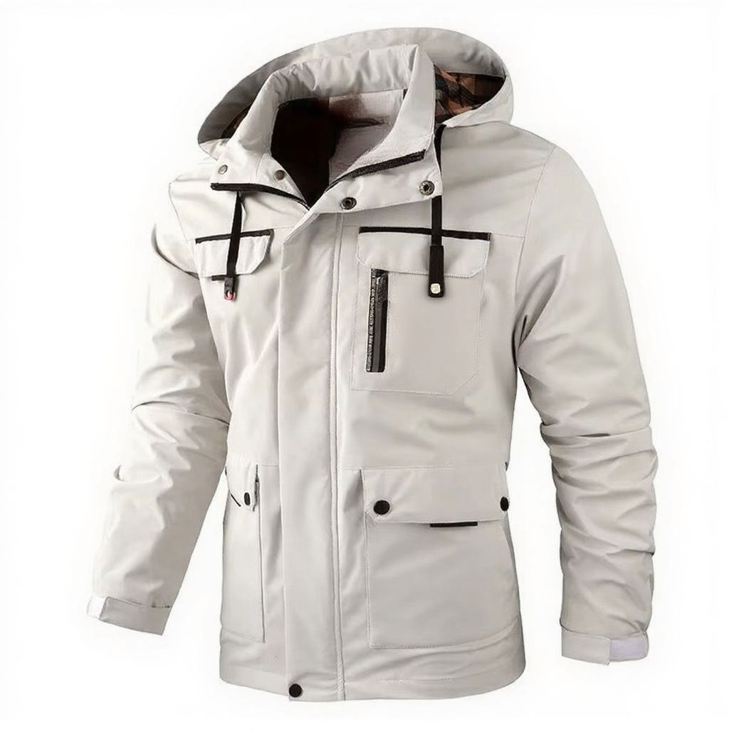 Men's waterproof hooded windbreaker jacket with warm fleece lining, slim fit, lightweight soft shell