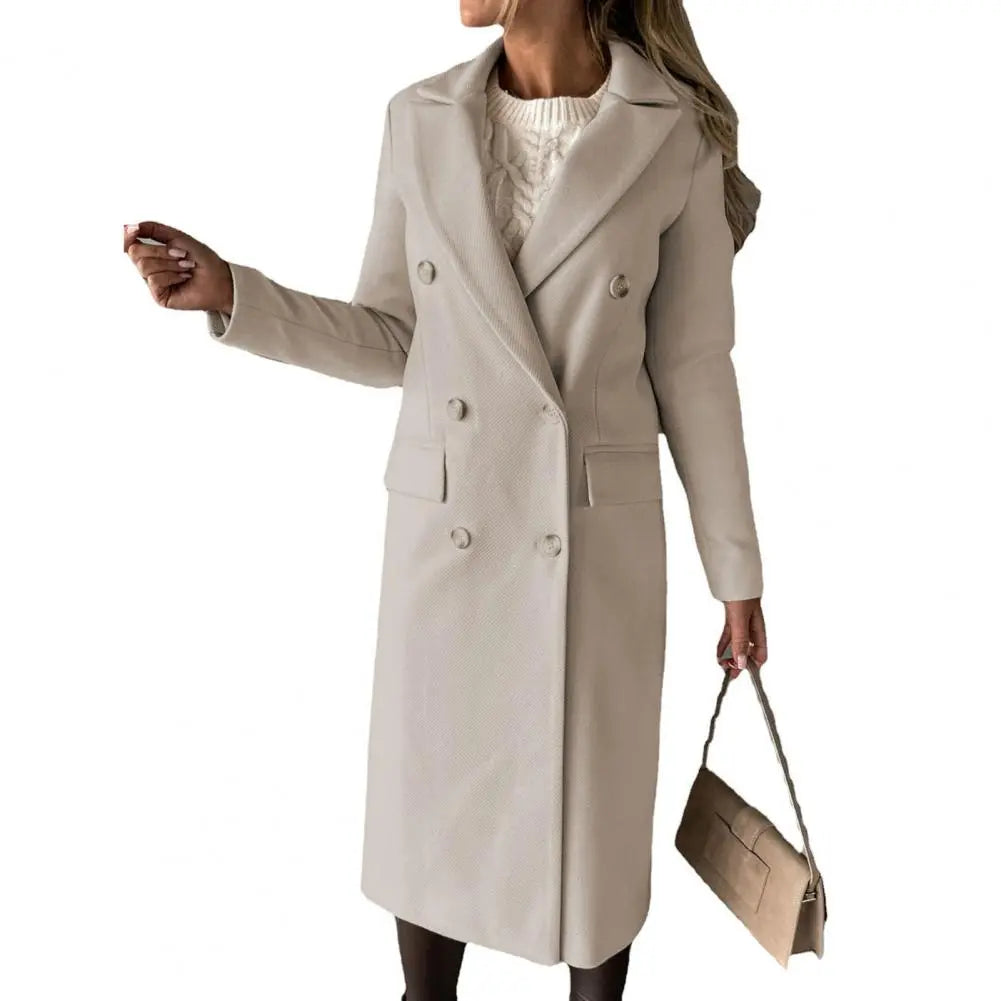 Women's double-breasted winter trench coat with structured lapels, polished classic silhouette