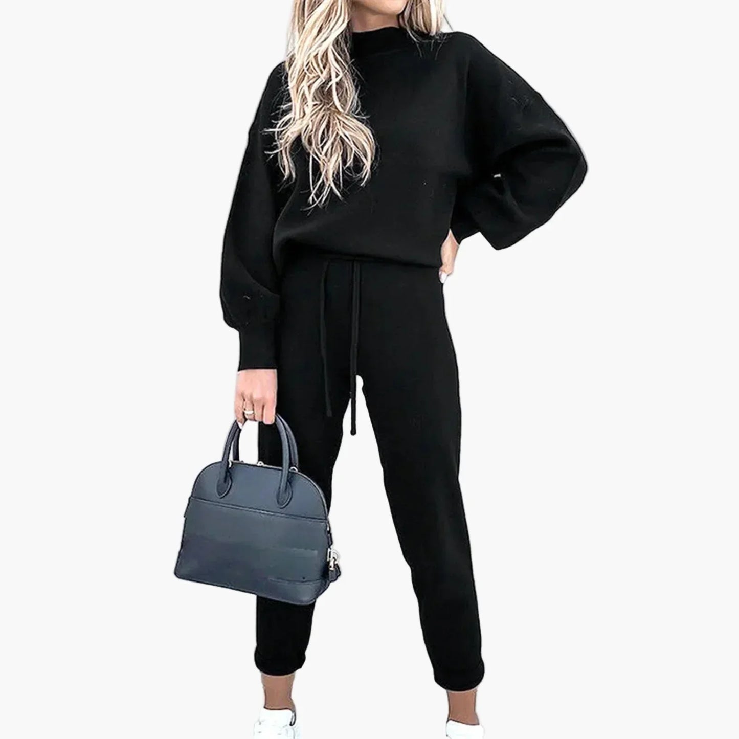 Women's casual two-piece set with wide-leg pants and long-sleeve shirt, relaxed streetwear fit