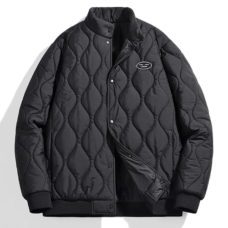 Women's quilted puffer jacket black stand collar snap button closure thick padding winter coat