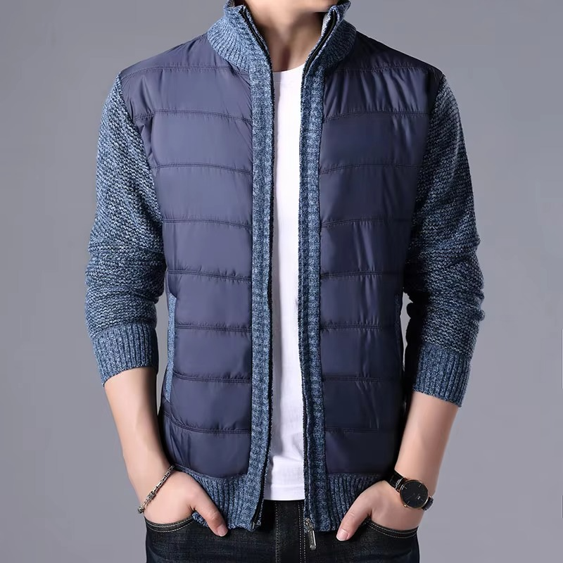 Men's thick knit patchwork cardigan coat midweight cozy outerwear in neutral tones modern fit