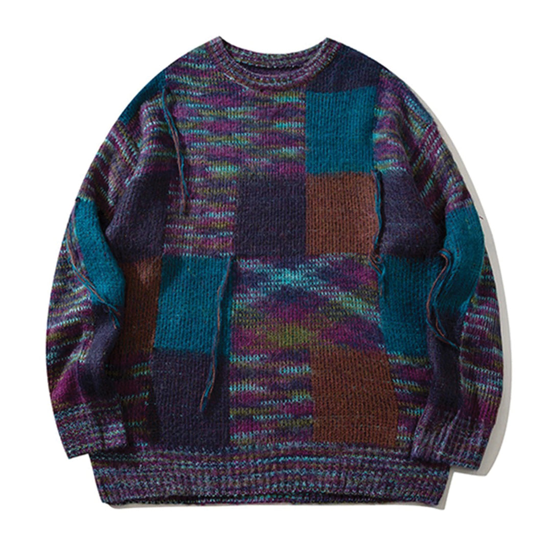 Men's mohair color block patchwork sweater relaxed fit wool blend multicolor pullover