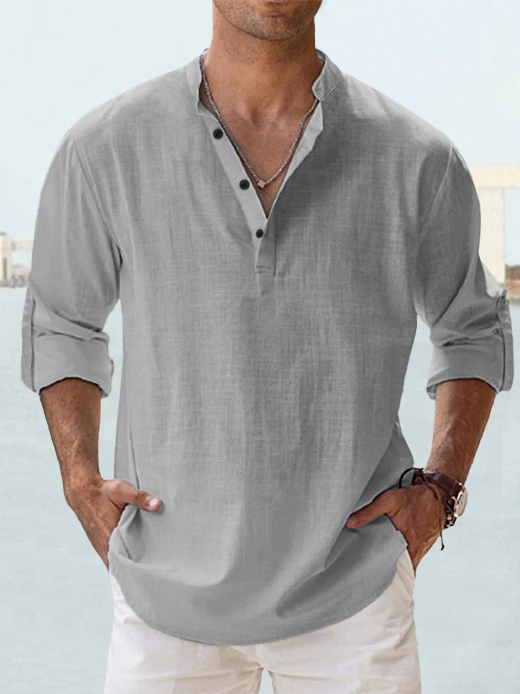 Men's beige linen relaxed fit long-sleeve shirt with mandarin collar, lightweight breathable summer top