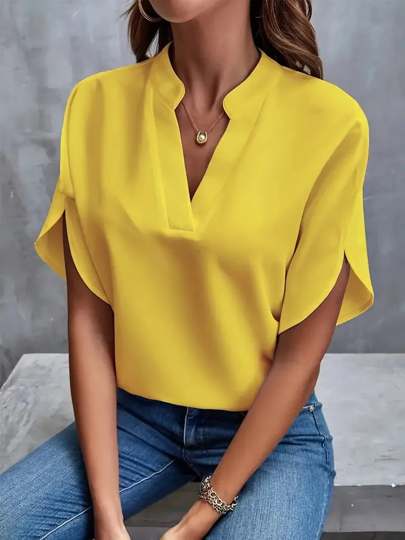 Riley women's white V-neck short sleeve work blouse sleek relaxed fit professional office essential