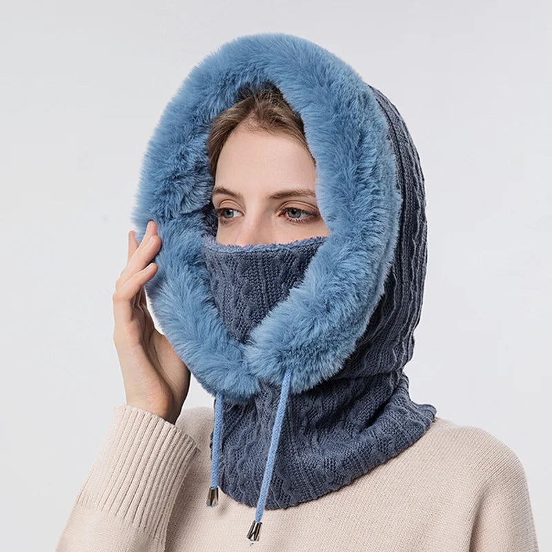 Women's cable knit balaclava with faux fur trim, drawstring high neck, cozy fitted winter warmth