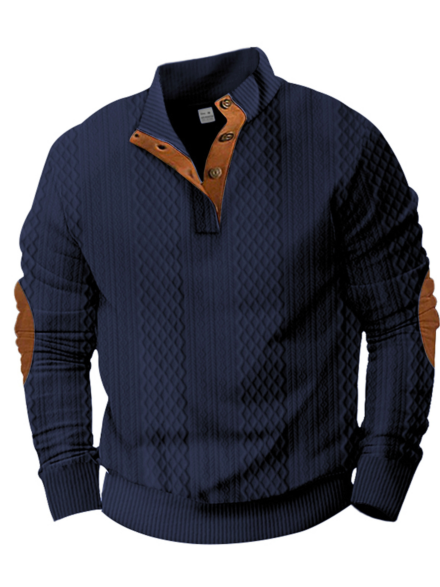 Men's burgundy jacquard knit button-front sweater with structured standing collar for smart-casual wear
