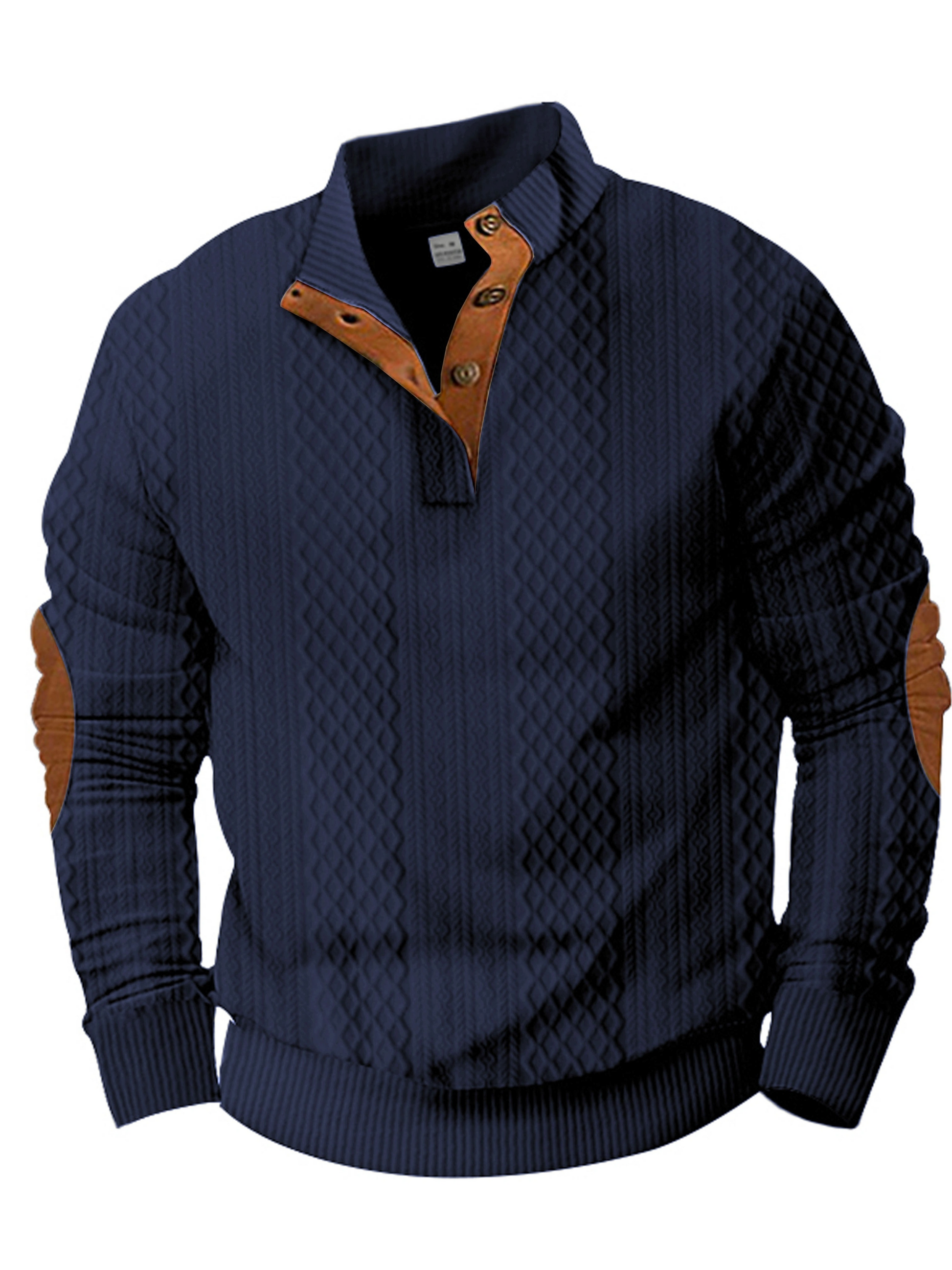 Men's burgundy jacquard knit button-front sweater with structured standing collar for smart-casual wear