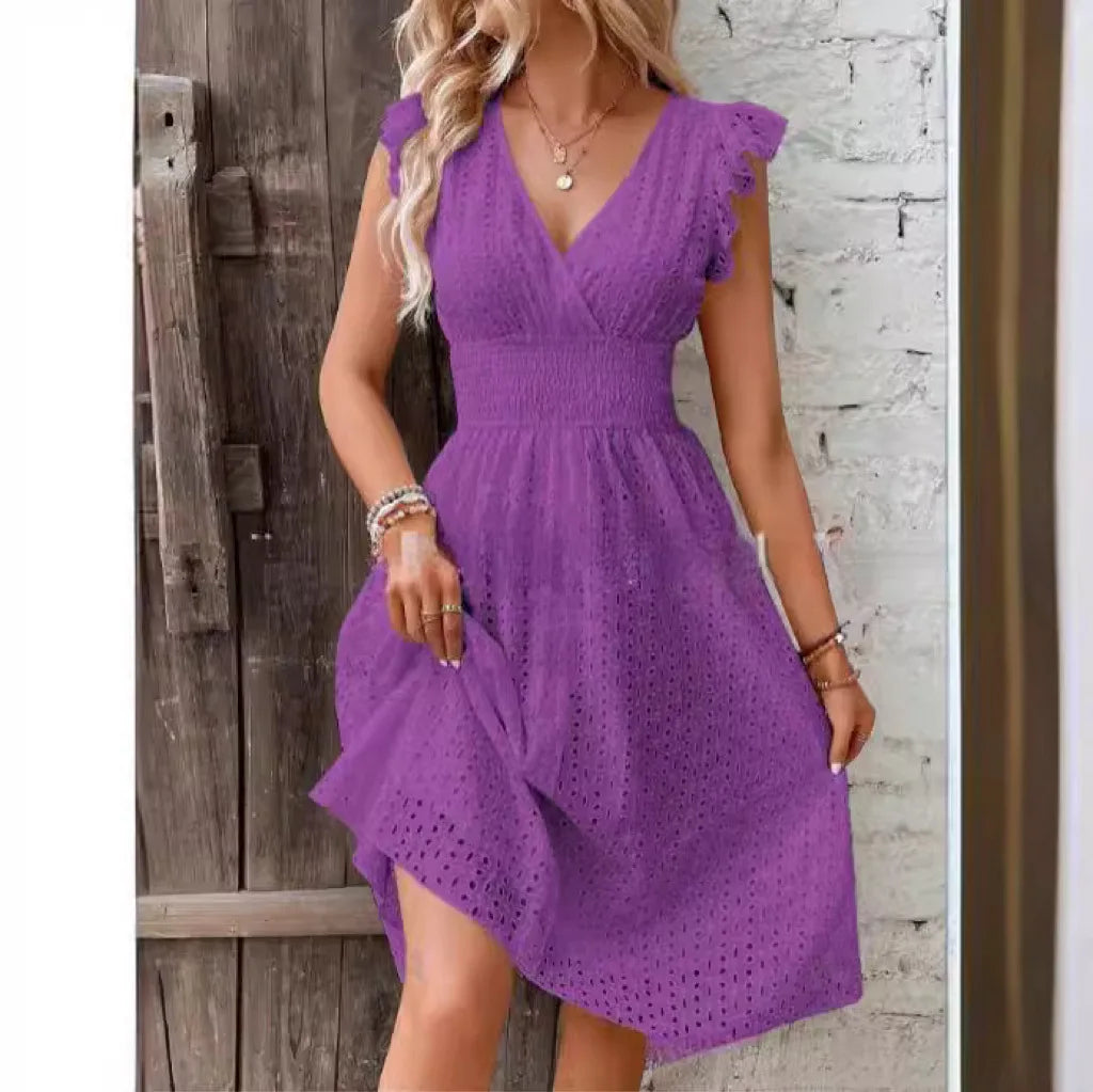 White eyelet A-line summer dress smocked waist V-neck lightweight breathable vacation beach style women