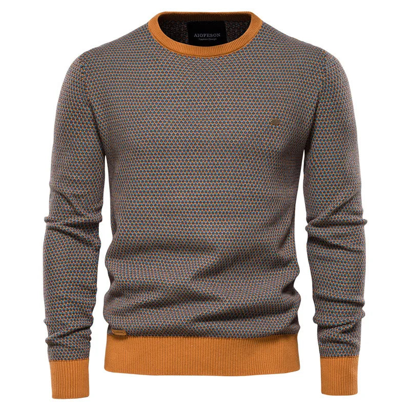 Men's geometric pattern crewneck knit sweater with contrasting ribbed edges for refined casual wear