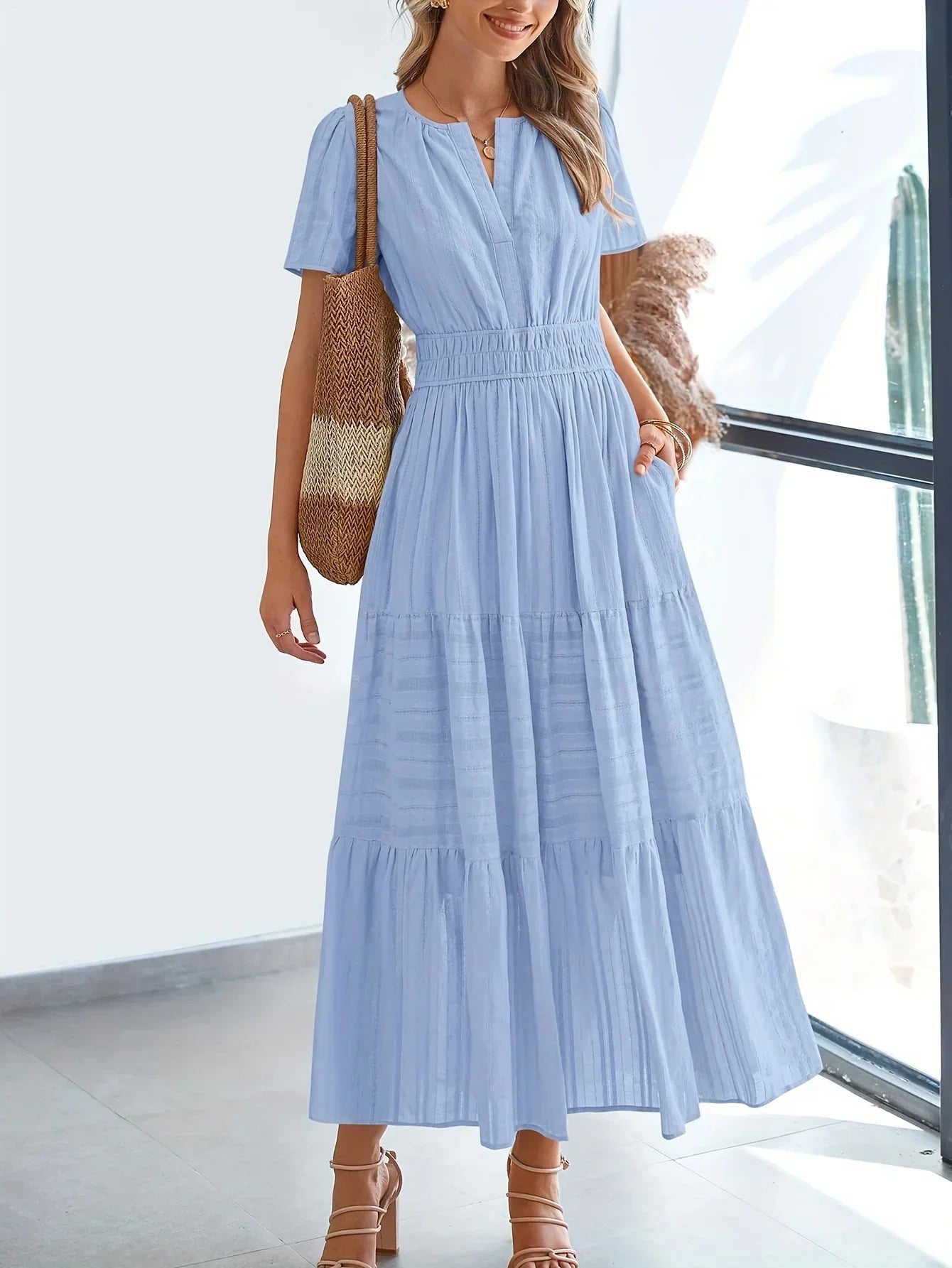 Nevaeh modest maxi dress women breathable floor-length short sleeves V-slit neckline summer chic