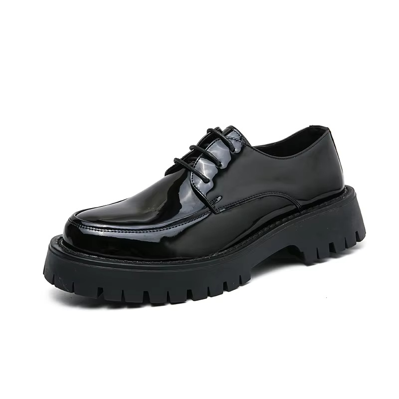 Men's black leather platform loafers slip-on formal dress shoes with thick rubber sole for business