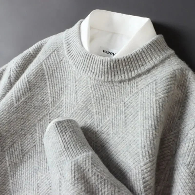 Men's diamond knit sweater neutral tone classic crew neck refined texture casual layering essential