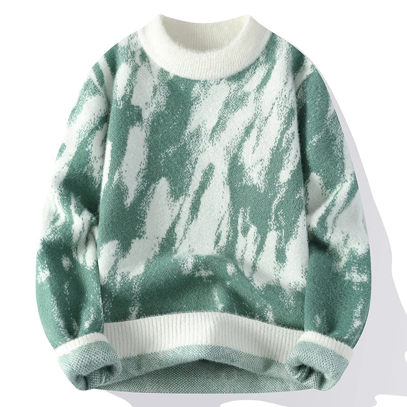 Women's abstract brushed knit sweater crew neck ribbed trim cozy soft texture casual style