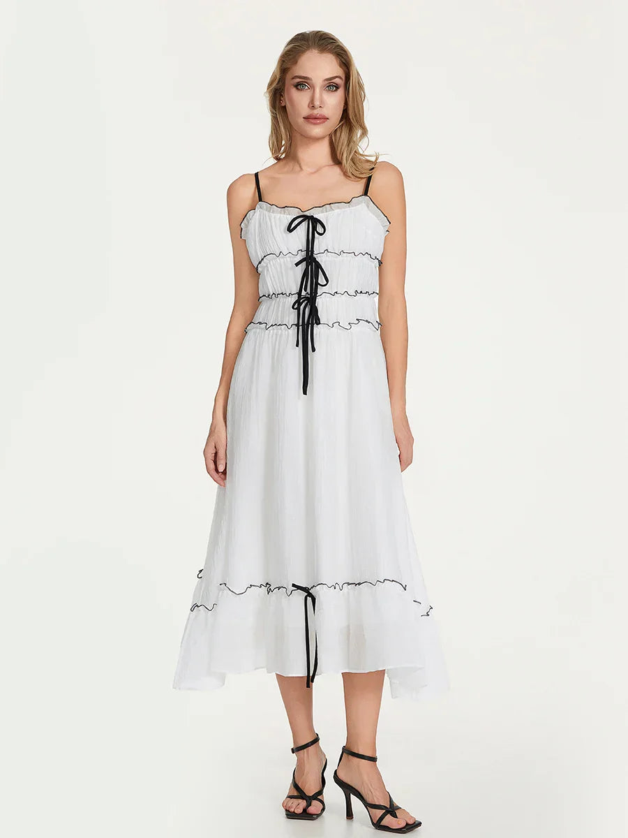 Clementine white midi dress lace-up bodice with airy frill trim details feminine whimsical style