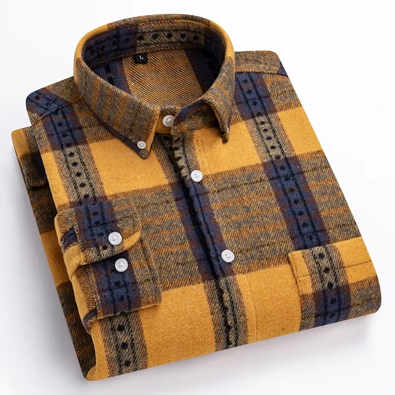 Men's plus size plaid long sleeve shirt in 7XL relaxed fit with chest pocket, 100% soft-sanded cotton