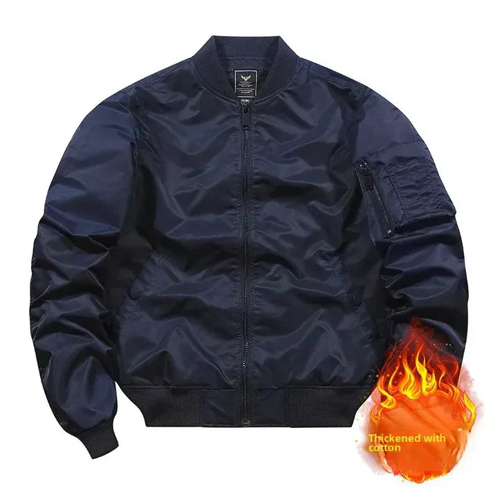 Men's olive green pilot bomber jacket classic silhouette with ribbed cuffs sustainable fabric
