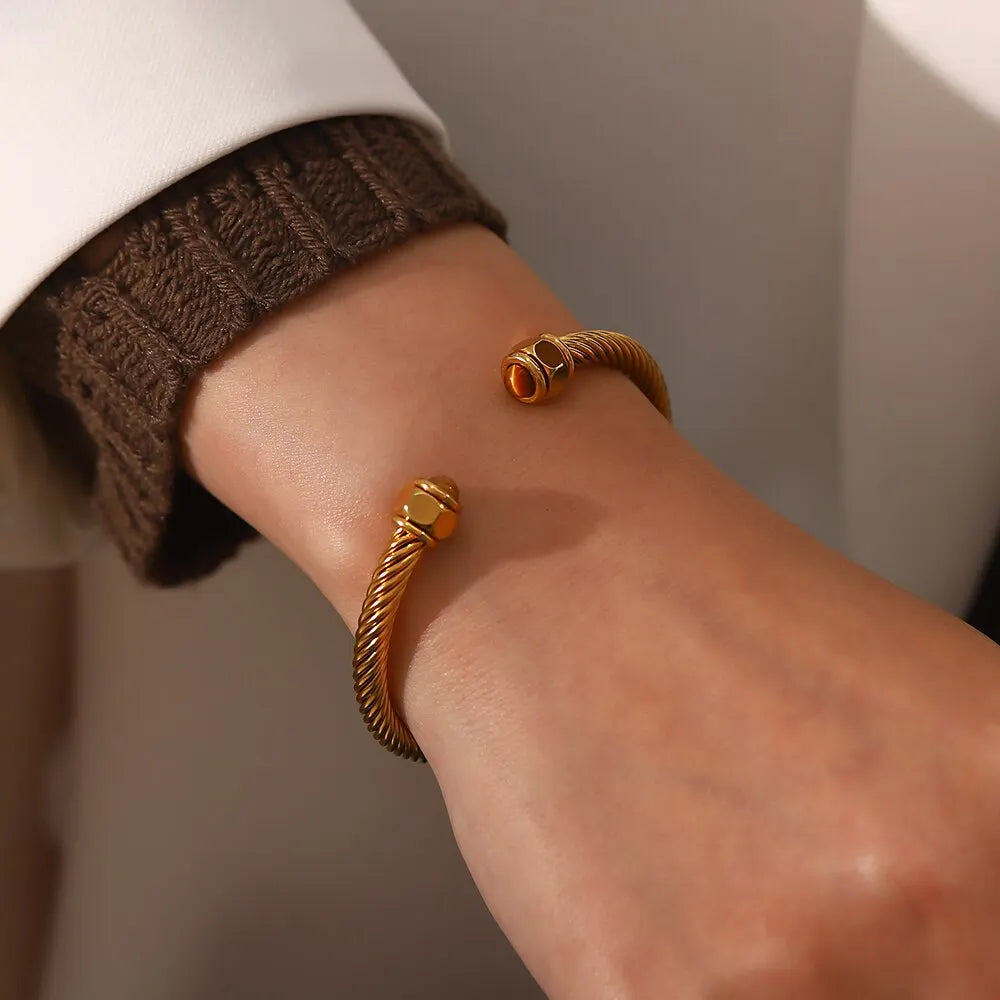 18K gold plated rope bracelet with twisted texture band and natural stone ends for women