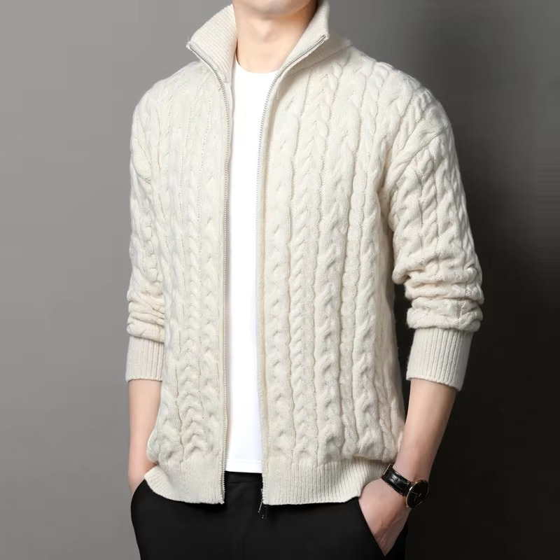 Men's thick knit zipper sweater coat with stand collar, warm winter cardigan jacket casual style