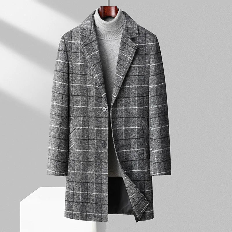 Men's brushed wool plaid overcoat three-quarter length tailored fit with quilted liner in classic pattern