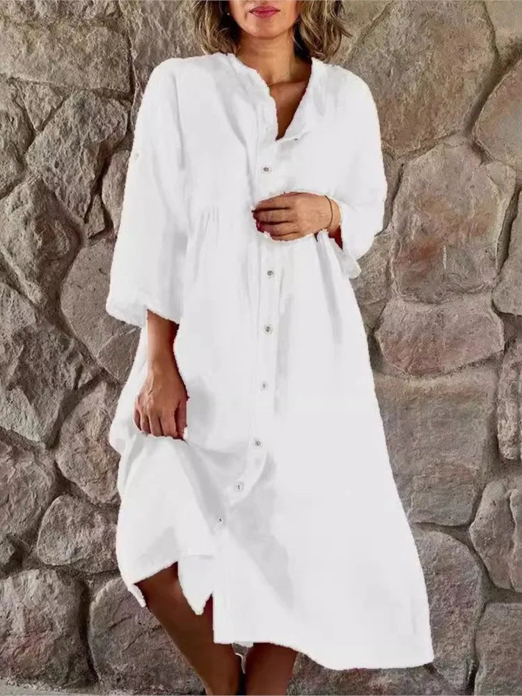 Alba | Women's Shirt Dress Long Sleeve Button Down Midi