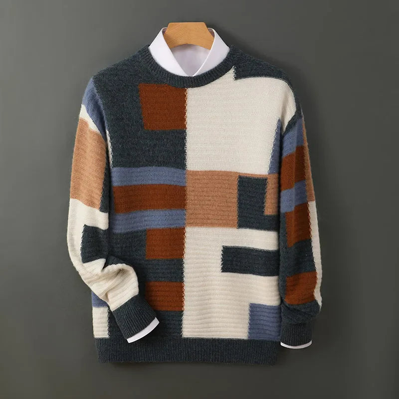 Women's geometric patchwork knit sweater, retro color-block pattern, modern minimalist cozy fit