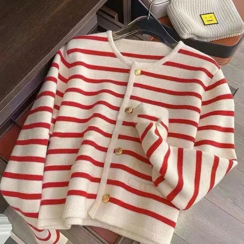 Women's black and cream striped soft knit cardigan Parisian-inspired relaxed fit everyday chic layer