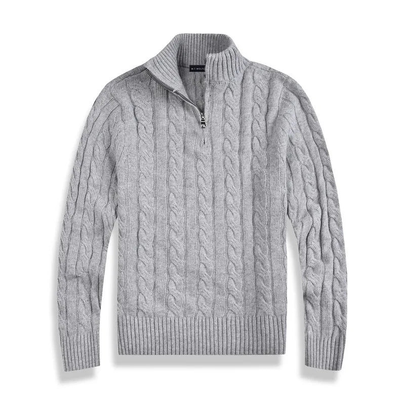 Men's navy blue half-zip cable knit cotton sweater with classic ribbed texture for layering
