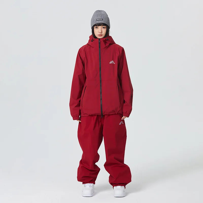 Unisex two-piece winter ski suit hooded jacket wide pants minimalist modern snow outerwear