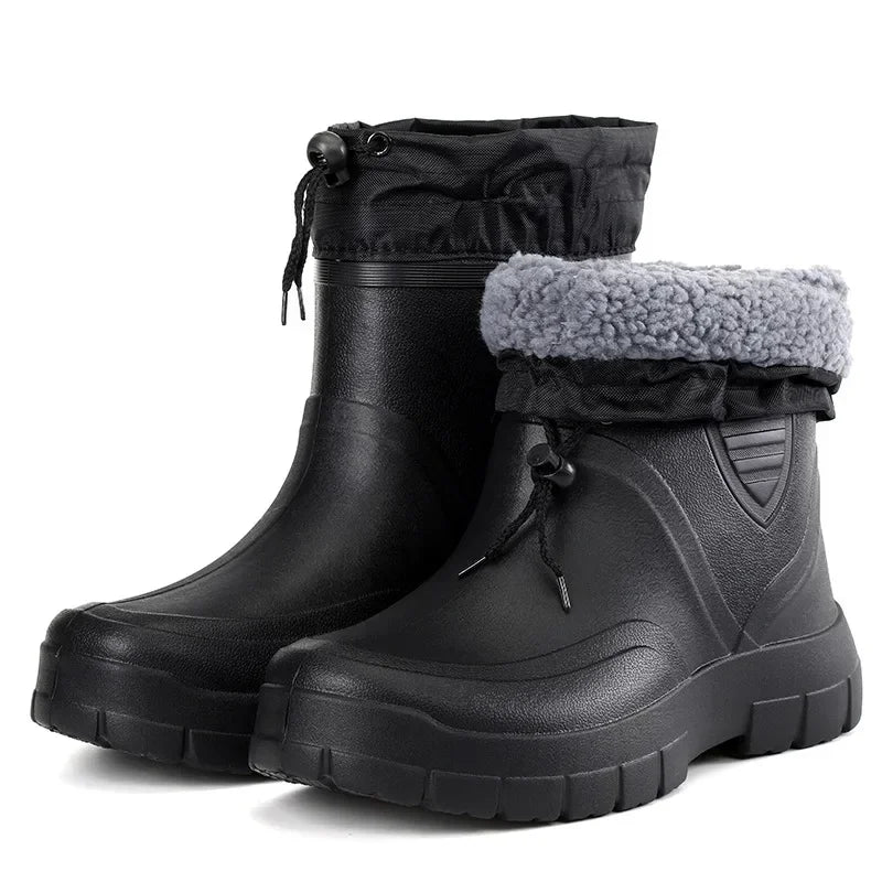 Men's black waterproof mid-calf Wellington boots with fleece lining and drawstring top closure
