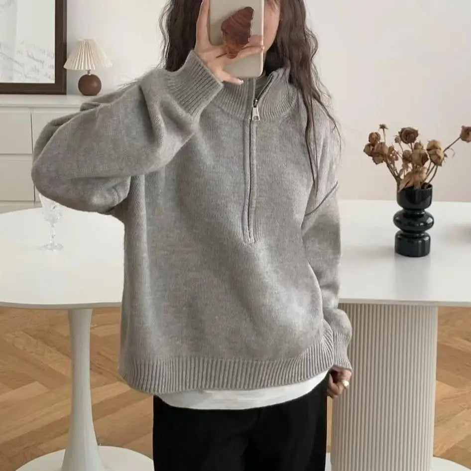 Women's high neck knit sweater half-zip closure cozy acrylic pullover layering essential