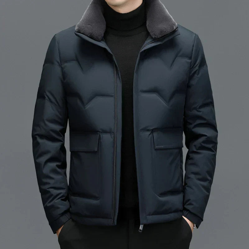 Bastian men's dark winter coat with detachable white duck down collar, tailored professional fit