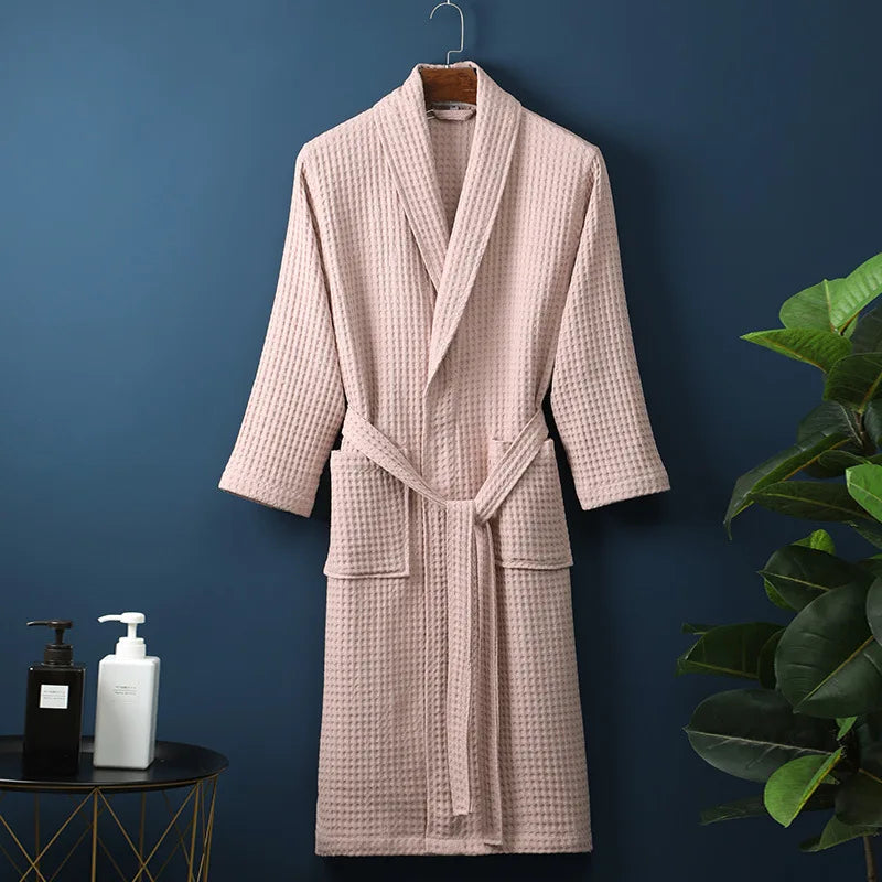 Women's spring waffle lounge robe in neutral tone, relaxed wrap silhouette with adjustable tie