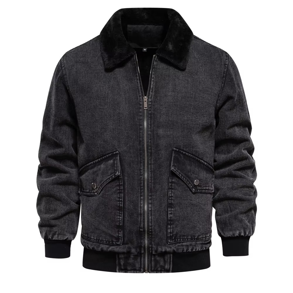 Men's fleece-lined denim jacket with faux fur collar, rugged winter style for cold weather warmth