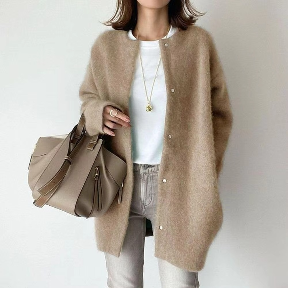 Women's mink velvet knitted cardigan coat mid-length A-line silhouette plush cozy sweater