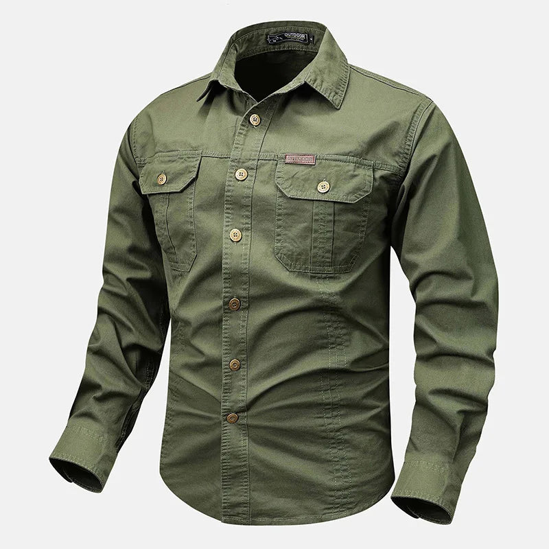 Men's olive utility button-down shirt with rugged durable fabric and multiple functional pockets