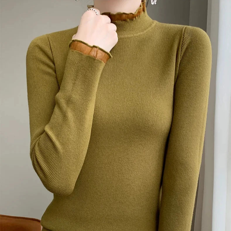 Women's ivory cashmere blend mock neck sweater, long sleeve slim fit with breathable lightweight knit